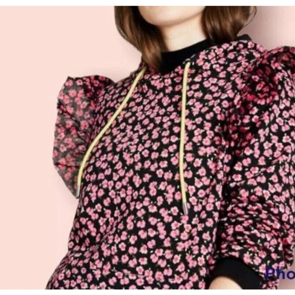 Sandy Liang Black & Pink floral ruffle hoodie sweater size M